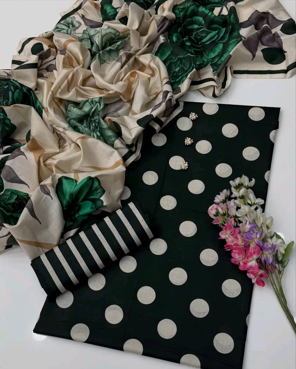 Polka Dots Lawn Digital Printed 3pc Unstiched-Green