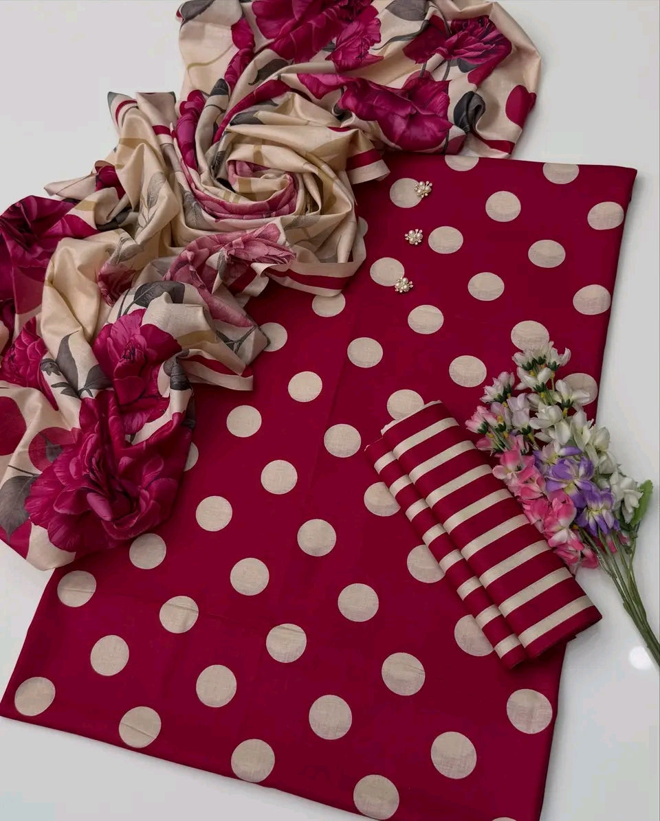 Polka Dots Lawn Digital Printed 3pc Unstiched-Pink