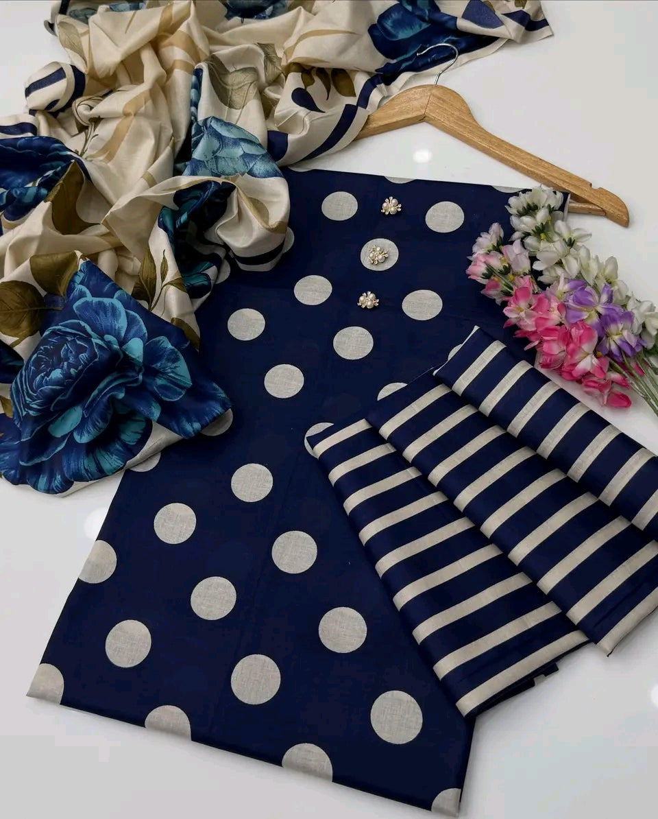 Polka Dots Lawn Digital Printed 3pc Unstiched-Blue