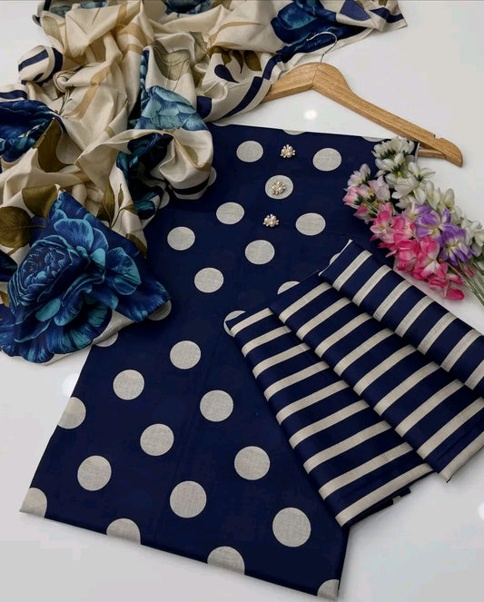 Polka Dots Lawn Digital Printed 3pc Unstiched-Blue