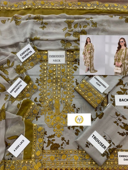 Aneela's 9MM Lawn Embroidered Collection 3pc Unstiched
