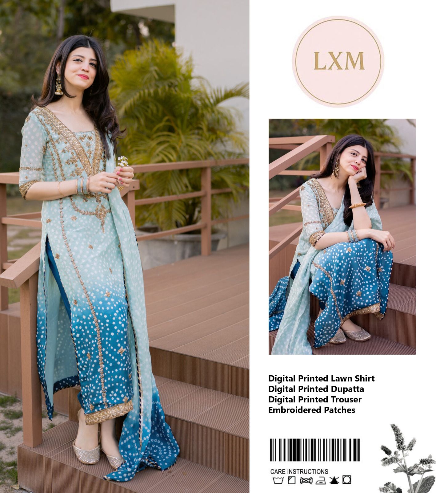 LXM Lawn Embroidered Blue Tye & Dye 3pc Unstiched