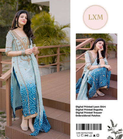 LXM Lawn Embroidered Blue Tye & Dye 3pc Unstiched