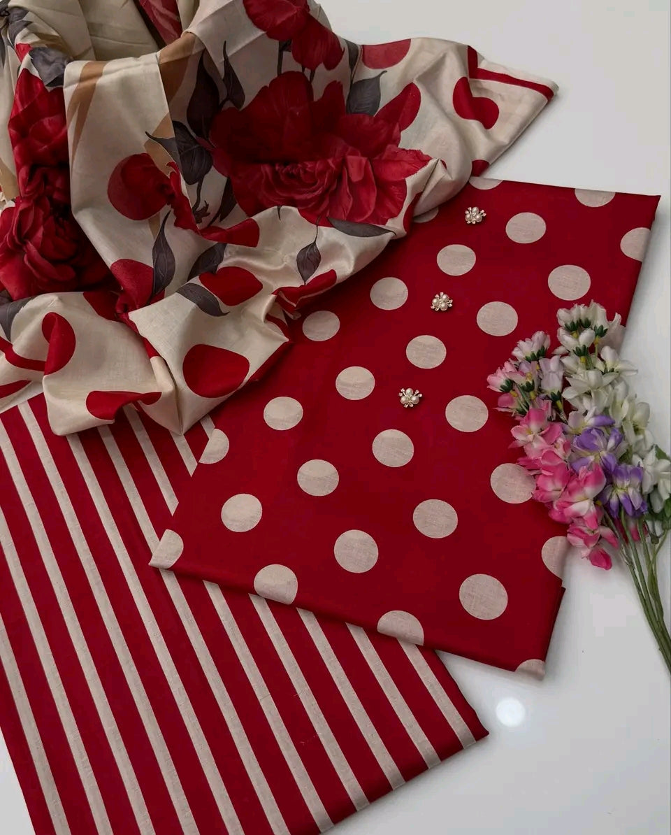 Polka Dots Lawn Digital Printed 3pc Unstiched-Red
