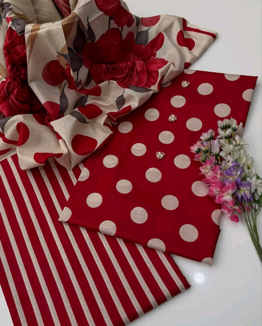 Polka Dots Lawn Digital Printed 3pc Unstiched-Red