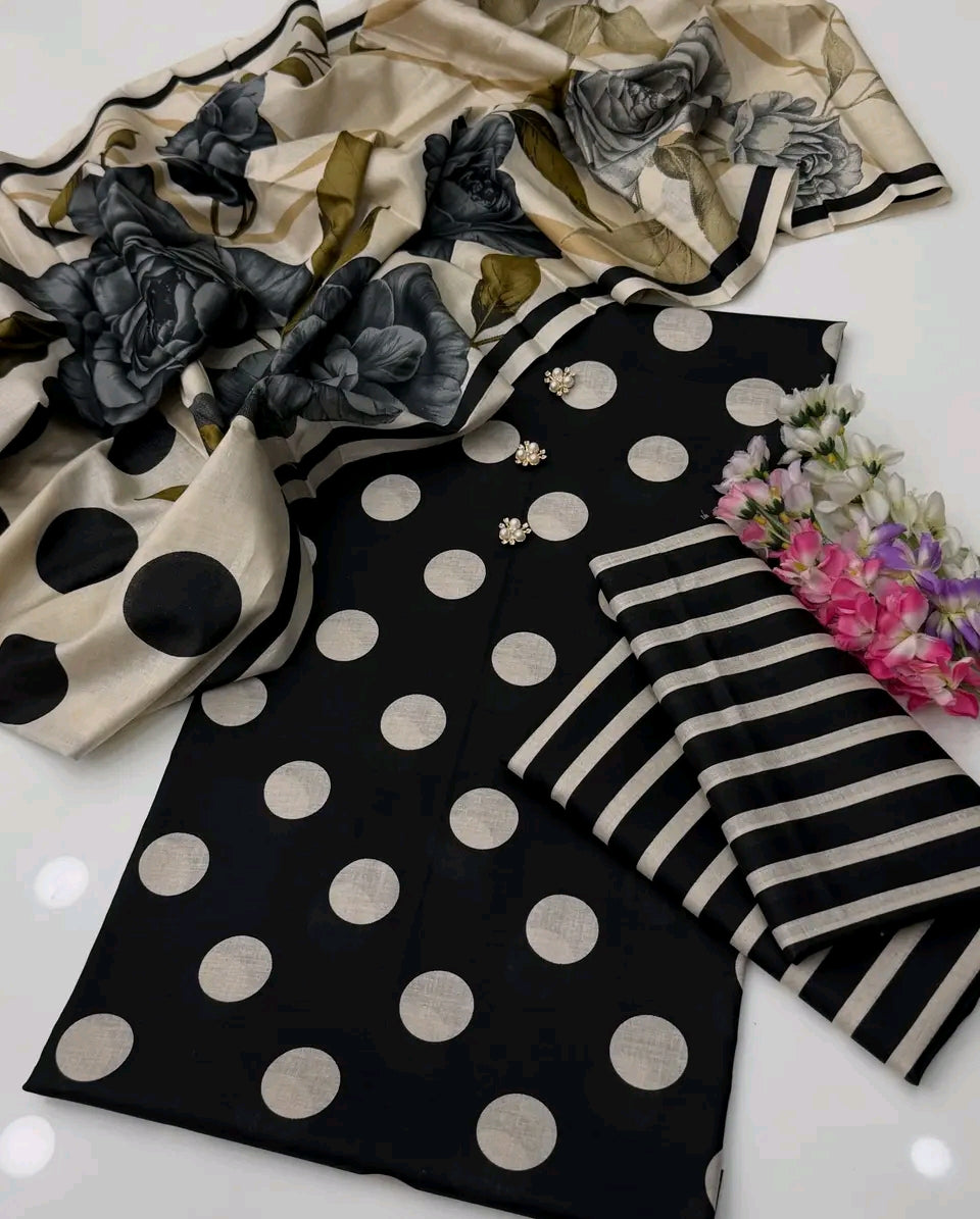 Polka Dots Lawn Digital Printed 3pc Unstiched-Black