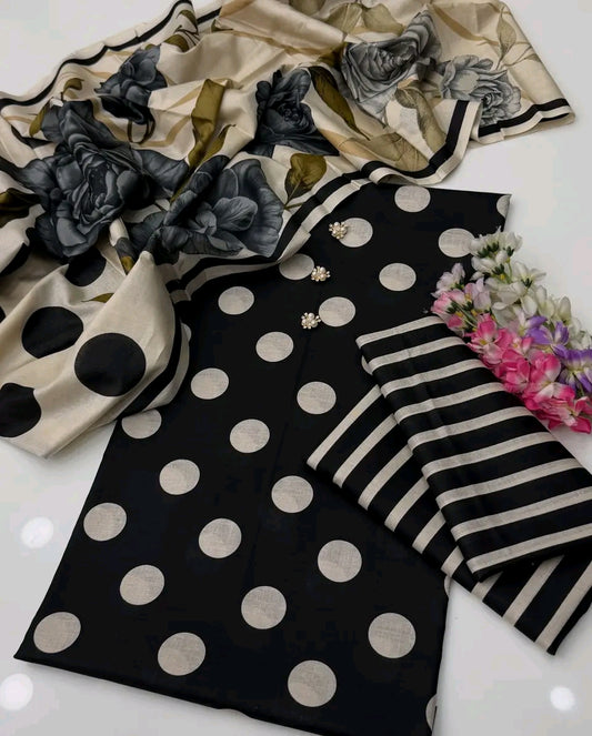 Polka Dots Lawn Digital Printed 3pc Unstiched-Black